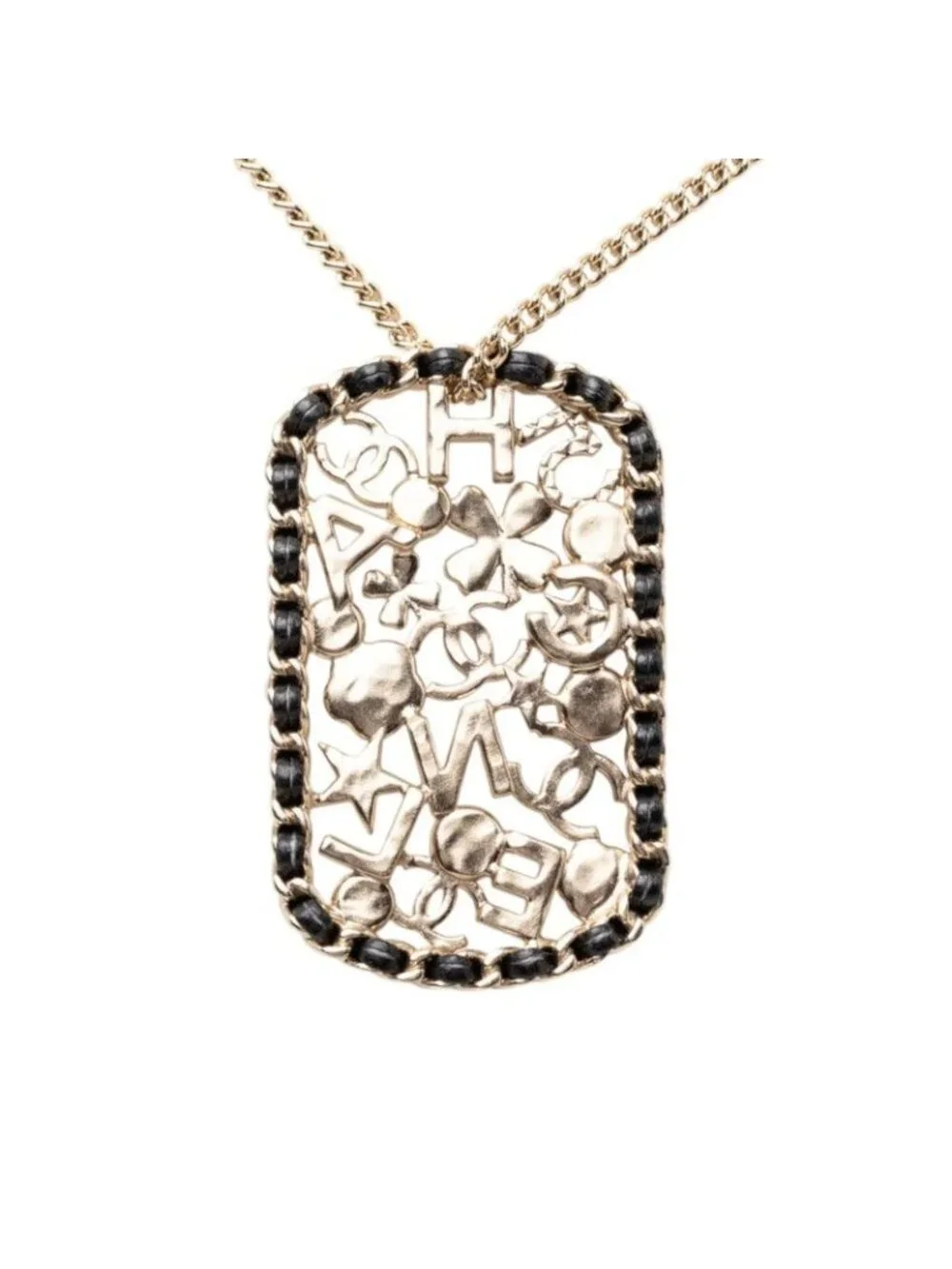 Chanel CC Logo Clover Camellia Chain Necklace Gold Black Plated Faux Pearl
